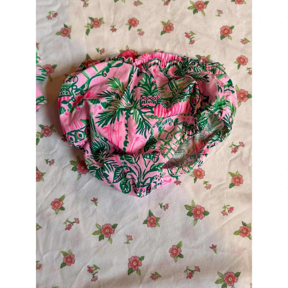 Lilly Pulitzer Baby Girls Pink Green Tropical Palm Shift Dress Bloomers 12-18M